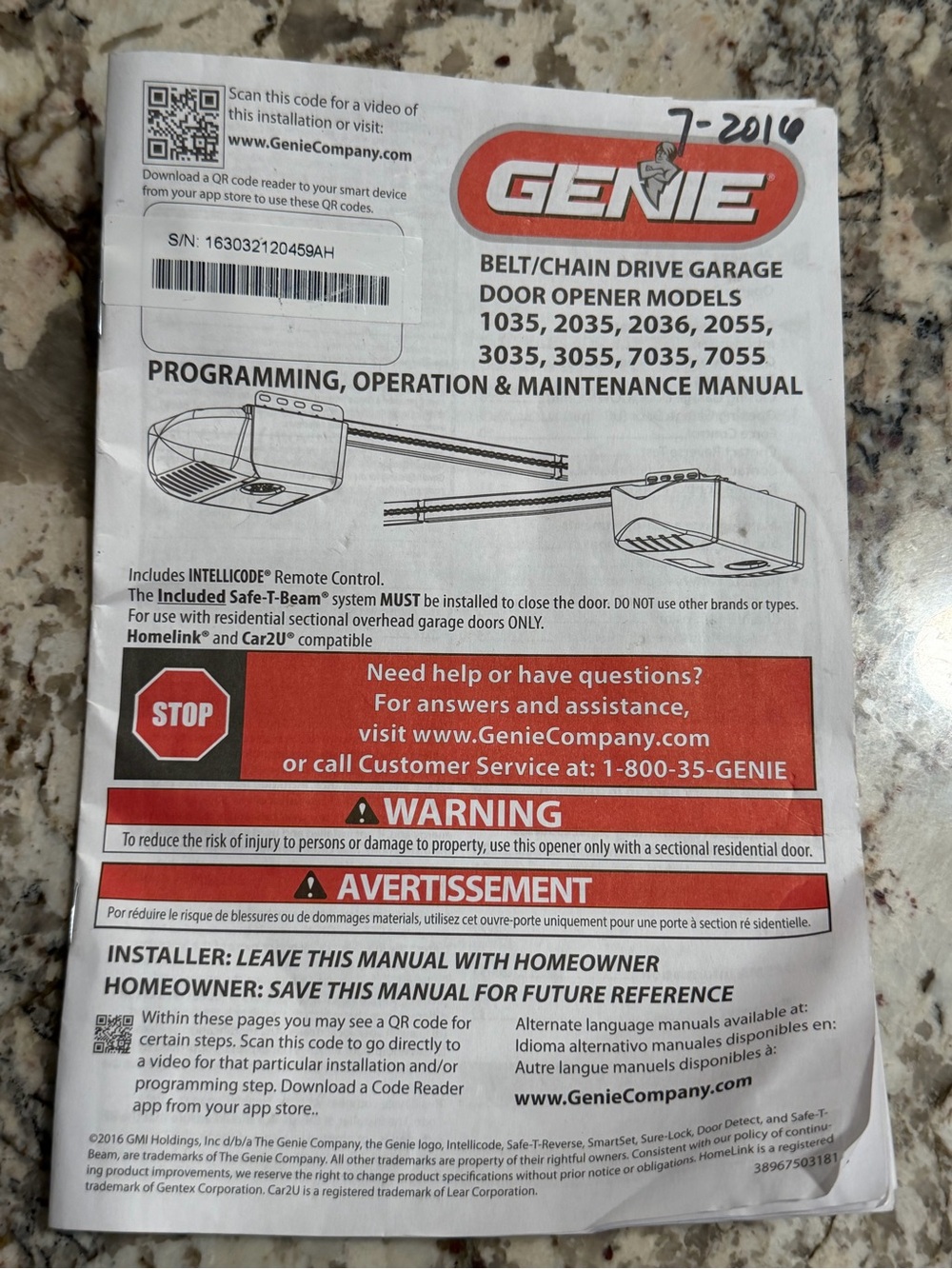 2016 GENIE GARAGE DOOR OPENER, 1035,2035,2036,2055..OWNER'S MANUAL & PARTS LIST
